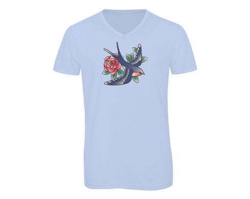 Pánské triko s výstřihem do V Ptáček s růží
