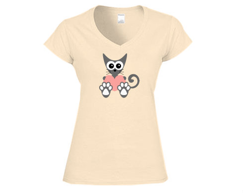 Kočka a srdce Dámské tričko V-výstřih - Bílá